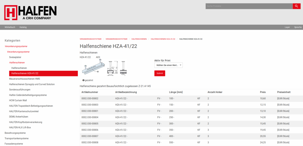 Halfen WebCatalog - Ansicht von Produktvarianten