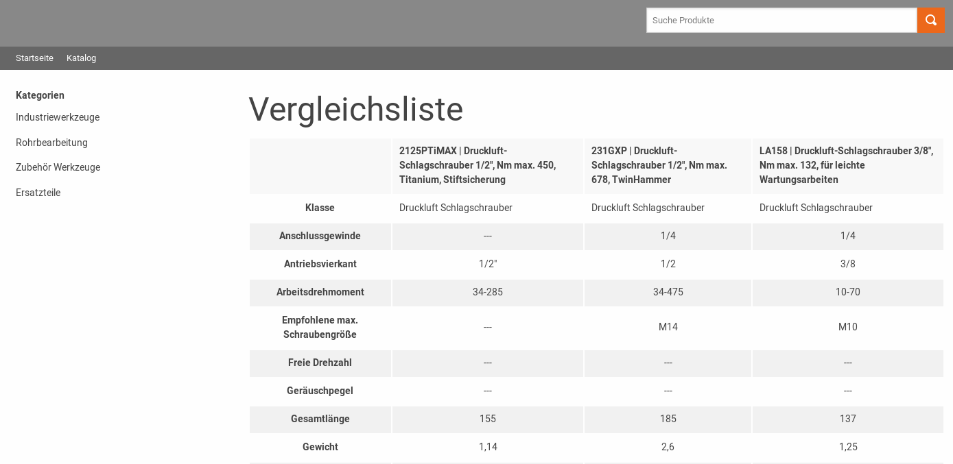 PIM - Webshop - Produkte in der Vergleichs-Ansicht