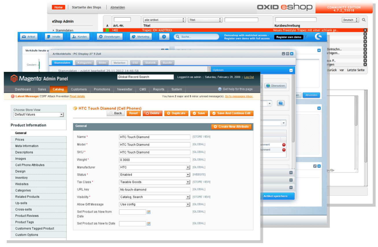 Backends of leading shop systems: Magento, Shopware, Oxyd.