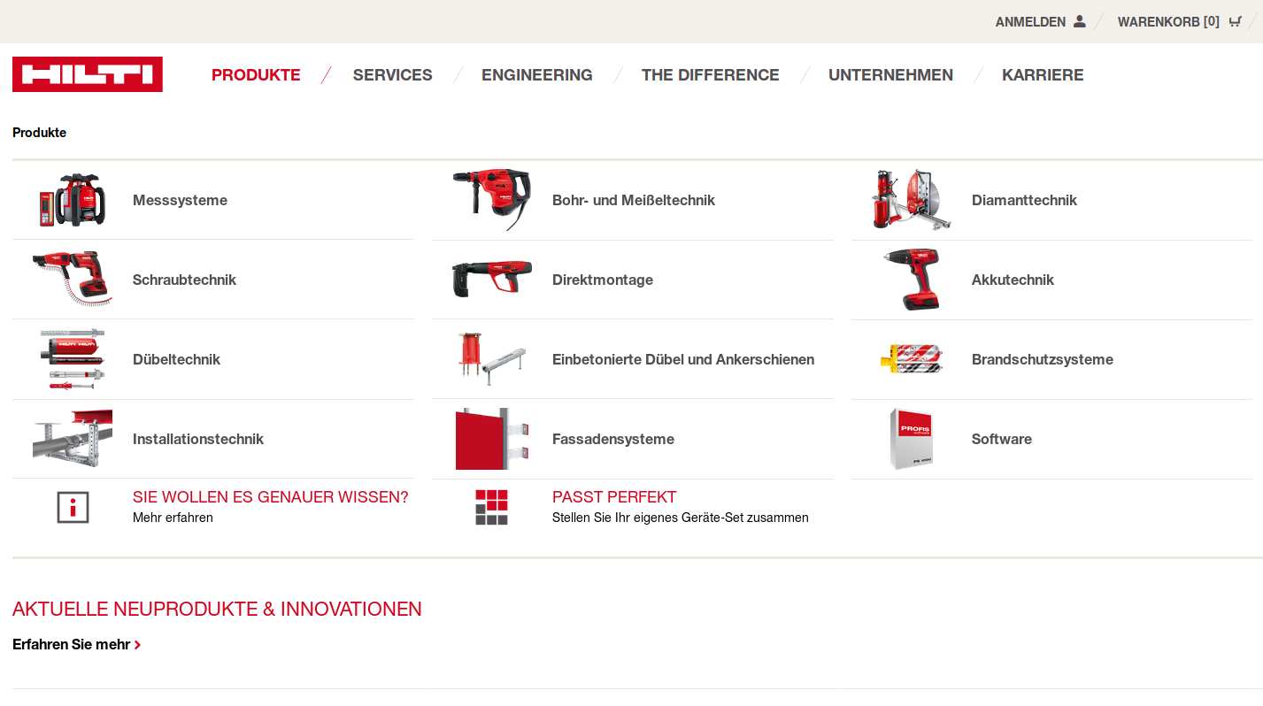 Beispiel für eCommerce mit Spryker: die Hilti Webseite